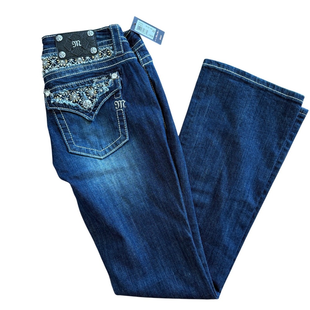 Miss Me Dark Wash Embroidered Sequin Bootcut Jeans Floral Y2K Denim
